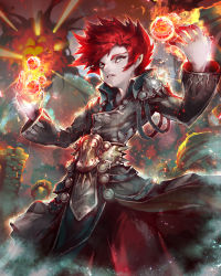 Rule 34 | absurdres, androgynous, armor, arms up, black jacket, blue eyes, cowboy shot, explosion, fire, fireball, fire, fufuhol, gender request, highres, jacket, light particles, long sleeves, looking at viewer, magic, pale skin, parted lips, red hair, sash, serious, short hair, shoulder armor, sideways glance, smoke, solo, standing, teeth, tenkuu no crystalia, underwear