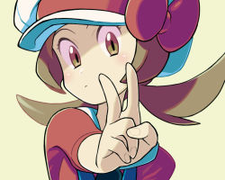 Rule 34 | 1girl, :/, blush, bow, brown eyes, brown hair, cabbie hat, closed mouth, creatures (company), donnpati, eyebrows, eyelashes, fingernails, game freak, hat, hat bow, long hair, lyra (pokemon), nintendo, outstretched arm, pokemon, pokemon hgss, red bow, simple background, solo, twintails, upper body, v, white hat, yellow background