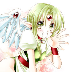 Rule 34 | 1990s (style), 1girl, :d, angel, angel wings, bad id, bad pixiv id, earrings, feathered wings, finn fish, gem, green eyes, green hair, jewelry, kamikaze kaitou jeanne, long hair, matching hair/eyes, minato1026, open mouth, parted bangs, pointy ears, puffy short sleeves, puffy sleeves, retro artstyle, short hair, short sleeves, slit pupils, smile, solo, wings, wristband