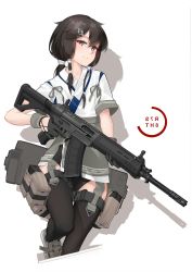 Rule 34 | 1girl, absurdres, assault rifle, black hair, gloves, gun, weapon case, half gloves, highres, magazine (weapon), original, personification, rifle, shoes, smile, sneakers, solo, thighhighs, trigger discipline, vectorek, weapon, weapon request, yellow eyes