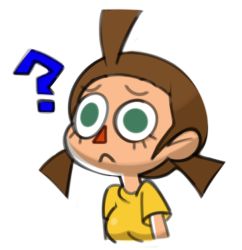Rule 34 | 1girl, ?, ahoge, animal crossing, breasts, brown hair, closed mouth, confused, female focus, forehead, green eyes, nintendo, shirt, short hair, short sleeves, sidelocks, simple background, sketch, small breasts, solo, twintails, upper body, vilepluff, villager (animal crossing), white background, yellow shirt