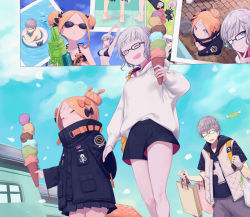 Rule 34 | 1boy, 2girls, abigail williams (fate), absurdres, belt, black bow, black headwear, black jacket, blonde hair, blush, bow, breasts, daisi gi, fate/grand order, fate/grand order arcade, fate (series), food, glasses, grey hair, grey jacket, hair bow, happy, hat, highres, hood, hooded jacket, ice cream, jacket, jacques de molay (foreigner) (fate), jacques de molay (saber) (fate), large breasts, long hair, long sleeves, multiple girls, multiple hair bows, multiple views, open clothes, open jacket, open mouth, orange bow, parted bangs, photo (object), short hair, skirt, small breasts, smile, swimsuit