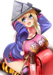 Rule 34 | 1girl, backpack, bag, blonde hair, blue eyes, blush, breasts, collarbone, covered erect nipples, gen (black factory), highres, huge breasts, image sample, kneeling, open mouth, original, paper hat, randoseru, shirt, short hair, simple background, smile, solo, striped clothes, striped thighhighs, t-shirt, thighhighs