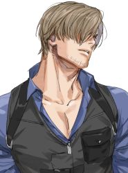 Rule 34 | 1boy, blue shirt, brown hair, collarbone, collared shirt, facial hair, grey vest, hair over one eye, head tilt, leon s. kennedy, male focus, open collar, parted lips, resident evil, resident evil 6, shirt, short hair, solo, stubble, tatsumi (psmhbpiuczn), toned, toned male, upper body, vest, white background