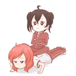 Rule 34 | 10s, 2girls, ahoge, animated, animated gif, black hair, crossed arms, crossed legs, exercising, expressionless, friedbun, gym uniform, hair ribbon, indian style, jitome, love live!, love live! school idol project, multiple girls, nishikino maki, purple eyes, push-ups, red eyes, red hair, ribbon, shadow, simple background, sitting, sitting on person, track suit, twintails, white background, yazawa nico