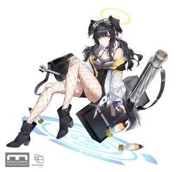 Rule 34 | 1girl, absurdres, animal ears, bag, bare shoulders, black footwear, black hair, blue archive, boots, breasts, eyewear on head, fishnets, full body, goggles, goggles on head, halo, hibiki (blue archive), high heels, highres, jacket, long hair, long sleeves, looking at viewer, nail polish, off shoulder, open clothes, open jacket, pantyhose, rez (banco233), sitting, solo, white background, wings