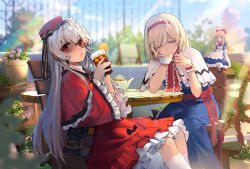 Rule 34 | 2girls, alice margatroid, arm support, bendy straw, blonde hair, blue dress, blue sky, blurry, blurry background, book, capelet, chair, commentary request, cup, day, dress, drinking, drinking glass, drinking straw, eho (icbm), flower, food, frilled sleeves, frills, fruit, hairband, hat, head rest, highres, holding, holding cup, ice, ice cube, leaning forward, long hair, long sleeves, looking at viewer, multiple girls, orange-tinted eyewear, orange-tinted glasses, orange (fruit), orange slice, outdoors, pink flower, plant, potted plant, red capelet, red dress, red eyes, red hairband, red headwear, sash, shanghai doll, shinki (touhou), silver hair, sitting, sky, summer, sunglasses, table, teacup, teapot, tinted eyewear, touhou, touhou (pc-98), white capelet, wide sleeves, wooden table, yellow eyes