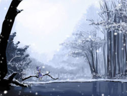 Rule 34 | 1girl, blue hair, cirno, female focus, nature, pe-tan, perfect cherry blossom, picture otaku only knows, pond, scenery, short hair, sitting, snow, solo, touhou, tree, water, wings, winter
