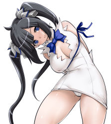 Rule 34 | 10s, 1girl, arm ribbon, arms behind back, bare shoulders, black hair, blue eyes, bow, breasts, cleavage, cleavage cutout, clothing cutout, covered erect nipples, dress, dungeon ni deai wo motomeru no wa machigatteiru darou ka, female focus, gloves, hair ornament, hair ribbon, head tilt, hestia (danmachi), highres, large breasts, long hair, looking at viewer, panties, puffy nipples, rei no himo, ribbon, short dress, simple background, sleeveless, sleeveless dress, smile, solo, souryu, twintails, underwear, white background, white dress, white gloves, white panties