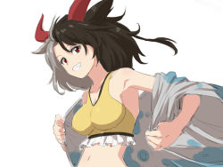 Rule 34 | 1girl, animal ears, animal print, bare shoulders, black hair, breasts, cleavage, collarbone, commentary request, cow ears, cow horns, cow print, crop top, frills, grey hair, grin, haori, highres, horns, japanese clothes, leon (mikiri hassha), looking at viewer, medium breasts, midriff, multicolored hair, navel, off shoulder, red eyes, short hair, simple background, smile, solo, split-color hair, sports bra, stomach, touhou, two-tone hair, upper body, ushizaki urumi, white background