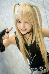 Rule 34 | 1girl, amane misa, amane misa (cosplay), asian, blonde hair, blue eyes, breasts, color contacts, cosplay, cross, cross necklace, death note, dutch angle, elbow gloves, fingerless gloves, gloves, indoors, jewelry, kipi-san, long hair, looking at viewer, mole, necklace, photo (medium), pointing, pointing at viewer, small breasts, solo, torn clothes, two side up
