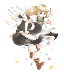 Rule 34 | 1girl, apron, black hat, black skirt, black vest, blonde hair, blush, boots, bow, braid, brown eyes, brown footwear, carrying, carrying under arm, cross-laced footwear, dress, eyebrows, female focus, frilled apron, frills, full body, green bow, hair bow, hat, hat bow, hat ribbon, kirisame marisa, lace-up boots, long hair, nikoro, puffy short sleeves, puffy sleeves, ribbon, salute, shirt, short sleeves, shorts, shorts under dress, skirt, smile, solo, star (symbol), touhou, unworn hat, unworn headwear, vest, waist apron, white apron, white background, white bow, white ribbon, white shirt, white shorts, witch hat