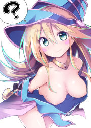 Rule 34 | 1girl, ?, areola slip, bare shoulders, blonde hair, blush, blush stickers, boots, breasts, chipa (arutana), dark magician girl, downblouse, duel monster, foreshortening, from above, green eyes, hat, highres, large breasts, long hair, nipples, simple background, smile, solo, spoken question mark, wardrobe malfunction, white background, wizard hat, yu-gi-oh!, yu-gi-oh! duel monsters