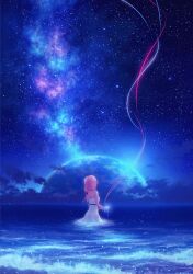 Rule 34 | 1girl, absurdres, back turned, bare arms, bare shoulders, blue theme, cupping hands, dress, facing away, glowing, guilty crown, hair ornament, hairclip, highres, ilstau, long hair, milky way, ocean, own hands together, partially submerged, pink hair, planet, red ribbon, ribbon, scenery, sky, solo, star (sky), starry sky, string, string of fate, twintails, white dress, yuzuriha inori