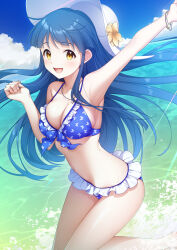 Rule 34 | 1girl, :d, absurdres, animal print, arm up, armpits, bare arms, bare legs, bikini, blue bikini, blue hair, blue sky, bracelet, breasts, butterfly print, cleavage, cloud, day, floating hair, flower, frilled bikini, frills, front-tie bikini top, front-tie top, hat, hat flower, highres, idolmaster, idolmaster million live!, jewelry, kitakami reika, long hair, looking at viewer, medium breasts, mikapoe, ocean, open mouth, outdoors, pendant, print bikini, shiny skin, sky, smile, solo, straight hair, summer, sun hat, swimsuit, very long hair, white hat, yellow eyes, yellow flower