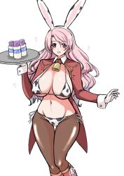Rule 34 | 1girl, animal ears, animal print, bell, bikini, blush, boots, bottle, breasts, cleavage, cow print, fake animal ears, gloves, heart, highres, holding, holding tray, kantai collection, large breasts, long hair, long sleeves, looking at viewer, luigi di savoia duca degli abruzzi (kancolle), milk, milk bottle, multicolored hair, open mouth, pantyhose, pink eyes, pink hair, rabbit ears, red footwear, red hair, side-tie bikini bottom, simple background, solo, streaked hair, suke (share koube), swimsuit, tray, wavy hair, white background, white gloves