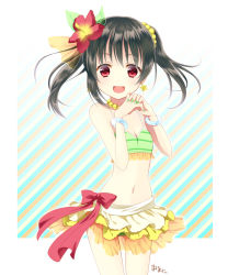 Rule 34 | 10s, 1girl, bikini, black hair, bracelet, cowboy shot, diagonal stripes, earrings, flat chest, flower, green nails, hair flower, hair ornament, happy, hibiscus, highres, jewelry, looking at viewer, love live!, love live! school idol project, manimani (mani ma), nail polish, natsuiro egao de 1 2 jump!, navel, necklace, open mouth, own hands clasped, own hands together, red eyes, skirt, smile, solo, striped, striped background, swimsuit, twintails, yazawa nico