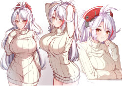 Rule 34 | 1girl, absurdres, alternate costume, antenna hair, arms behind head, arms up, azur lane, blush, breasts, brown eyes, brown sweater, closed mouth, commentary request, dress, gradient background, grey background, grey hair, hair between eyes, hand up, headgear, highres, large breasts, long hair, long sleeves, looking at viewer, motion lines, moyoron, multicolored hair, multiple views, orange eyes, parted bangs, prinz eugen (azur lane), puffy long sleeves, puffy sleeves, red hair, ribbed sweater, simple background, sleeves past wrists, smile, streaked hair, sweater, sweater dress, thighhighs, turtleneck, turtleneck sweater, upper body, very long hair, white background, white hair, white sweater, white thighhighs