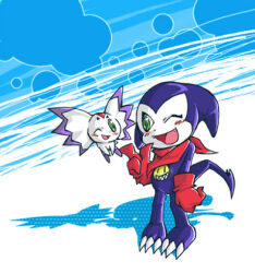 Rule 34 | culumon, digimon, digimon (creature), green eyes, impmon, looking at another, lowres, one eye closed, scarf, wink