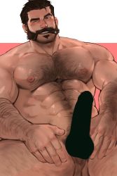 Rule 34 | 1boy, abs, arm hair, arm tattoo, bara, blank censor, blush, brown hair, censored, cigar, completely nude, dopey (dopq), erection, eyewear on head, graves (league of legends), hairy, highres, large pectorals, league of legends, male focus, muscular, muscular male, navel, navel hair, nipples, nude, one eye closed, paid reward available, pectorals, short hair, solo, spread legs, tattoo, thick thighs, thighs