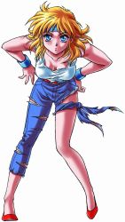 Rule 34 | 1girl, :o, asymmetrical clothes, banpresto, belt, bent over, blonde hair, blue eyes, blush, breasts, cleavage, cutoffs, denim, downblouse, foreshortening, full body, hands on own hips, headband, highres, jeans, kouno sachiko, large breasts, leaning forward, legs, lipstick, looking at viewer, lune zoldark, makeup, official art, open mouth, pants, red footwear, shirt, shoes, short hair, simple background, single pantsleg, solo, standing, super robot wars, super robot wars original generation, super robot wars the lord of elemental, tank top, taut clothes, taut shirt, torn clothes, torn jeans, torn pants, wristband