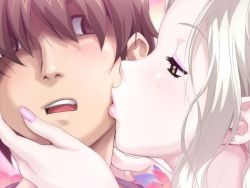 Rule 34 | 00s, brown hair, freckles, grey hair, hand on another&#039;s face, happoubi jin, kiss, nail polish, pale skin, pink nails, resort boin, shinjou kanae, yellow eyes