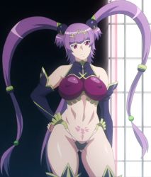 Rule 34 | 1girl, breasts, covered erect nipples, curvy, female focus, hair ornament, hand on own hip, heart, heart tattoo, journey to the west, large breasts, lips, long hair, long twintails, looking to the side, pointy ears, pubic tattoo, purple hair, queen&#039;s blade, queen&#039;s blade grimoire, revealing clothes, screencap, seiten (queen&#039;s blade), shiny skin, smile, solo, standing, sun wukong, tattoo, third-party edit, thong, tiara, twintails, upper body, very long hair