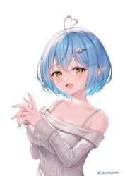 Rule 34 | 1girl, :d, ahoge, alternate costume, alternate hair length, alternate hairstyle, blue hair, breasts, cleavage, collarbone, fang, highres, hololive, jackmiho, long sleeves, looking at viewer, medium breasts, open mouth, pointy ears, short hair, simple background, skin fang, smile, solo, sweater, twitter username, virtual youtuber, white background, white sweater, yellow eyes, yukihana lamy