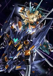 Rule 34 | 1girl, alternate color, baselard, beam, blonde hair, commentary request, cutlass (frame arms), frame arms, frame arms girl, glowing, green eyes, gun, headgear, highres, holding, holding weapon, kumichou (ef65-1118-ef81-95), long hair, mecha, mecha musume, robot, sky, space, star (sky), starry sky, sword, thrusters, weapon