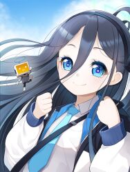 Rule 34 | 1girl, aris (blue archive), black hair, blue archive, blue eyes, highres, koflif, looking at viewer, necktie, outdoors, shirt, smile, solo, white shirt