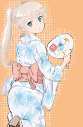 Rule 34 | 1girl, alternate hairstyle, eila ilmatar juutilainen, hand fan, japanese clothes, kimono, looking at viewer, looking back, ponytail, strike witches, tonttu, world witches series