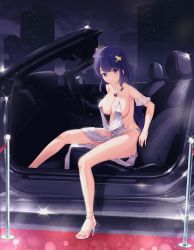 Rule 34 | 1girl, azur lane, bare legs, blunt bangs, blush, braid, breasts, car, character name, city, cleavage, closed mouth, convertible, cosplay, detached sleeves, dress, flower, full body, genshin impact, grey dress, hair flower, hair ornament, high heels, highres, jewelry, joko jmc, large breasts, long hair, looking at viewer, motor vehicle, necklace, night, no panties, outdoors, pink footwear, plunging neckline, purple eyes, purple flower, purple hair, raiden shogun, revealing clothes, short sleeves, single braid, sitting, smile, solo, sparkle, st. louis (azur lane), st. louis (azur lane) (cosplay), st. louis (luxurious wheels) (azur lane), very long hair, vision (genshin impact), yellow flower