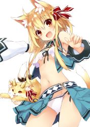 Rule 34 | 1girl, :d, age of ishtaria, animal ear fluff, animal ears, bare shoulders, black ribbon, blonde hair, blue skirt, bow, breasts, cat ears, cat girl, cat tail, commentary request, creature, crop top, crop top overhang, detached sleeves, fang, groin, guna (age of ishtaria), hair between eyes, hair bow, highres, long hair, long sleeves, navel, open mouth, panties, red bow, red eyes, ribbon, saeki touma, side-tie panties, skirt, small breasts, smile, solo, striped, striped bow, tail, underwear, very long hair, white panties, white sleeves