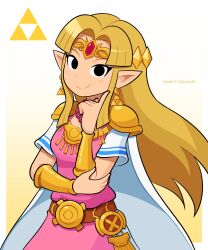 1girl absurdres artist_name belt black_eyes blonde_hair cape dot_nose dress earrings eyelashes gold gold_earrings hand_up highres jewelry long_hair looking_at_viewer multicolored_dress necklace nintendo pink_dress pointy_ears princess_zelda short_sleeves shoulder_pads sidelocks simple_background smile solo solo_focus super_smash_bros. the_legend_of_zelda the_legend_of_zelda:_a_link_between_worlds tiara triforce two-tone_background upper_body vinny_(dingitydingus) white_background white_cape white_dress yellow_background