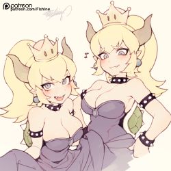 Rule 34 | 2girls, arm garter, bare shoulders, black dress, blonde hair, blue eyes, bowsette, bracelet, breasts, cleavage, collar, commentary request, crown, dress, dual persona, earrings, fang, fang out, fishine, highres, horns, jewelry, large breasts, looking at viewer, mario (series), multiple girls, musical note, new super mario bros. u deluxe, nintendo, open mouth, patreon username, ponytail, short hair, signature, smile, spiked bracelet, spiked collar, spikes, super crown