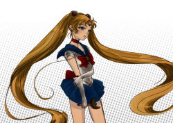Rule 34 | 1990s (style), 1girl, bad id, bad pixiv id, bishoujo senshi sailor moon, blonde hair, blue eyes, blue sailor collar, blue skirt, bow, cowboy shot, double bun, earrings, elbow gloves, gloves, harutiki, jewelry, long hair, magical girl, red bow, retro artstyle, sailor collar, sailor moon, skirt, solo, tsukino usagi, twintails, very long hair, white gloves