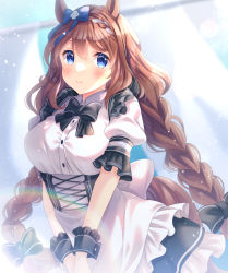 Rule 34 | 1girl, animal ears, back bow, blue eyes, blush, bow, braid, braided ponytail, breasts, brown hair, collared shirt, cuffs, frilled sleeves, frills, hair between eyes, hair bow, horse ears, horse girl, horse tail, large breasts, long hair, looking at viewer, puffy short sleeves, puffy sleeves, shirt, shizuki aya, short sleeves, smile, solo, super creek (umamusume), tail, twintails, umamusume, white bow, white shirt
