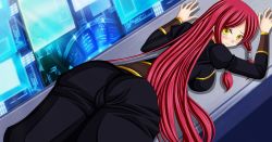 Rule 34 | 1girl, alternate color, arc system works, ass, backboob, blazblue, blush, breasts, cameltoe, embarrassed, female focus, from behind, hair tubes, highres, large breasts, long hair, looking back, red hair, seraphina, solo, tsubaki yayoi, uniform, yellow eyes