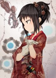 Rule 34 | 1girl, abstract background, black eyes, black hair, commentary, from side, gears, gloves, hair ornament, japanese clothes, kimono, laki, mechanic, mechanical arms, obi, original, ponytail, pouch, profile, sash, screwdriver, sidelocks, single mechanical arm, sleeves pushed up, smirk, solo, steampunk, upper body