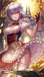 Rule 34 | 1girl, adapted costume, apron, architecture, blue dress, box (hotpppink), braid, breasts, contrapposto, corset, cowboy shot, dress, frilled dress, frills, garter belt, garter straps, glowing, glowing eyes, gothic architecture, hair between eyes, halloween, highres, izayoi sakuya, jack-o&#039;-lantern, lace, lace-trimmed legwear, lace-trimmed panties, lace trim, lips, looking at viewer, maid, maid headdress, medium breasts, miniskirt, outdoors, panties, pantyshot, petticoat, puffy short sleeves, puffy sleeves, red eyes, scarlet devil mansion, short hair, short sleeves, silver hair, skirt, slit pupils, solo, standing, striped clothes, striped dress, thighhighs, touhou, twin braids, underbust, underwear, upskirt, vertical stripes, waist apron, white thighhighs