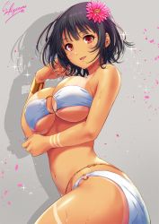 Rule 34 | 1girl, alternate costume, artist name, ass, belly chain, bikini, bikini tan, black hair, blue nails, blush, bracelet, breasts, cowboy shot, flower, from side, front-tie bikini top, front-tie top, grey background, hair flower, hair ornament, hand on own cheek, hand on own face, highres, jewelry, kantai collection, large breasts, looking at viewer, messy hair, nail polish, navel, o-ring, o-ring bikini, open mouth, red eyes, sakiyamama, short hair, simple background, solo, sparkle, swimsuit, takao (kancolle), tan, tanline, twisted torso, upper body, white bikini