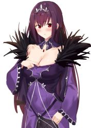 Rule 34 | 1girl, anti (0324), blush, breasts, cleavage, clothes lift, dress, fate/grand order, fate (series), fur trim, hair between eyes, large breasts, lifted by self, long hair, looking at viewer, open mouth, pulled by self, purple dress, purple hair, red eyes, scathach (fate), scathach skadi (fate), simple background, sketch, skirt, skirt lift, solo, tiara, white background