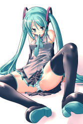 Rule 34 | 1girl, hatsune miku, long hair, mikage baku, mouth hold, panties, solo, spread legs, striped clothes, striped panties, thighhighs, twintails, underwear, very long hair, vocaloid