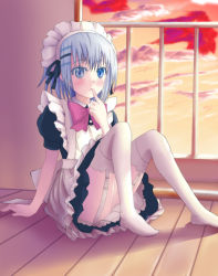 Rule 34 | 10s, 1girl, apron, blue eyes, blush, bow, date a live, garter belt, garter straps, himonoata, maid, maid apron, maid headdress, puffy sleeves, short sleeves, silver hair, solo, td, thighhighs, tobiichi origami, white thighhighs