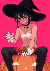 Rule 34 | 1girl, absurdres, bandeau, bare shoulders, belt, black choker, black hat, black thighhighs, braid, choker, commentary request, cowboy shot, flat chest, frilled skirt, frills, gloves, grin, hair between eyes, hair ornament, halloween, halloween costume, hat, highres, jack-o&#039;-lantern, jack-o&#039;-lantern hair ornament, looking at viewer, lulu (pastime774), orange belt, original, pastime774, pink background, red eyes, short hair, side braid, simple background, single braid, sitting, skirt, smile, solo, spread legs, thighhighs, v-shaped eyebrows, white gloves, witch hat