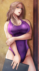 Rule 34 | 1girl, blue eyes, breasts, highres, jujutsu kaisen, large breasts, looking at viewer, one-piece swimsuit, purple one-piece swimsuit, reimei33, solo, suda manami (jujutsu kaisen), swimsuit