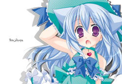 Rule 34 | 1girl, :o, animal ears, arm up, cat ears, choker, collarbone, dress, green dress, hat, jewelry, looking at viewer, necklace, open mouth, original, pendant, purple eyes, shimo-san, silver hair, simple background, sleeveless, sleeveless dress, solo, sun hat, sundress, white background