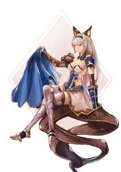 Rule 34 | 10s, 1girl, animal ears, arm support, armor, armored boots, belt, boots, breasts, cleavage, detached collar, elbow gloves, erune, gloves, granblue fantasy, grey footwear, heles, highres, crossed legs, long hair, pauldrons, pip (red juice1869), shoulder armor, silver hair, sitting, solo, pauldrons, thigh boots, thighhighs, vambraces