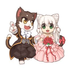 Rule 34 | 1boy, 1girl, :3, animal ears, baggy pants, barefoot, black coat, black pants, bouquet, bow, bowtie, braid, brown eyes, cat boy, cat ears, cat girl, cat tail, chibi, coat, cone hair bun, dress, fang, flower, full body, furry, furry female, furry male, furry with furry, gold trim, green eyes, grey vest, groom, hair bun, hetero, holding, holding bouquet, holding hands, long hair, long sleeves, off-shoulder dress, off shoulder, official art, open mouth, pants, pink dress, pointing, ragnarok online, red bow, red flower, red rose, rose, short sleeves, simple background, smile, tail, tail armor, tail bow, tail ornament, transparent background, twin braids, vest, wedding, wedding dress, white bow, white bowtie, white hair, yuichirou
