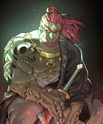 Rule 34 | 1boy, abs, armlet, bara, bare pectorals, beard, biceps, bracelet, closed mouth, collarbone, colored skin, commentary request, earrings, facial hair, ganondorf, gerudo, green skin, highres, jewelry, ju neng binggui, long hair, long sideburns, looking at viewer, male focus, muscular, muscular male, necklace, nintendo, pectorals, ponytail, red eyes, red hair, ring, sideburns, single bare shoulder, sitting, solo, the legend of zelda, the legend of zelda: tears of the kingdom, thick eyebrows, topless male, v-shaped eyebrows